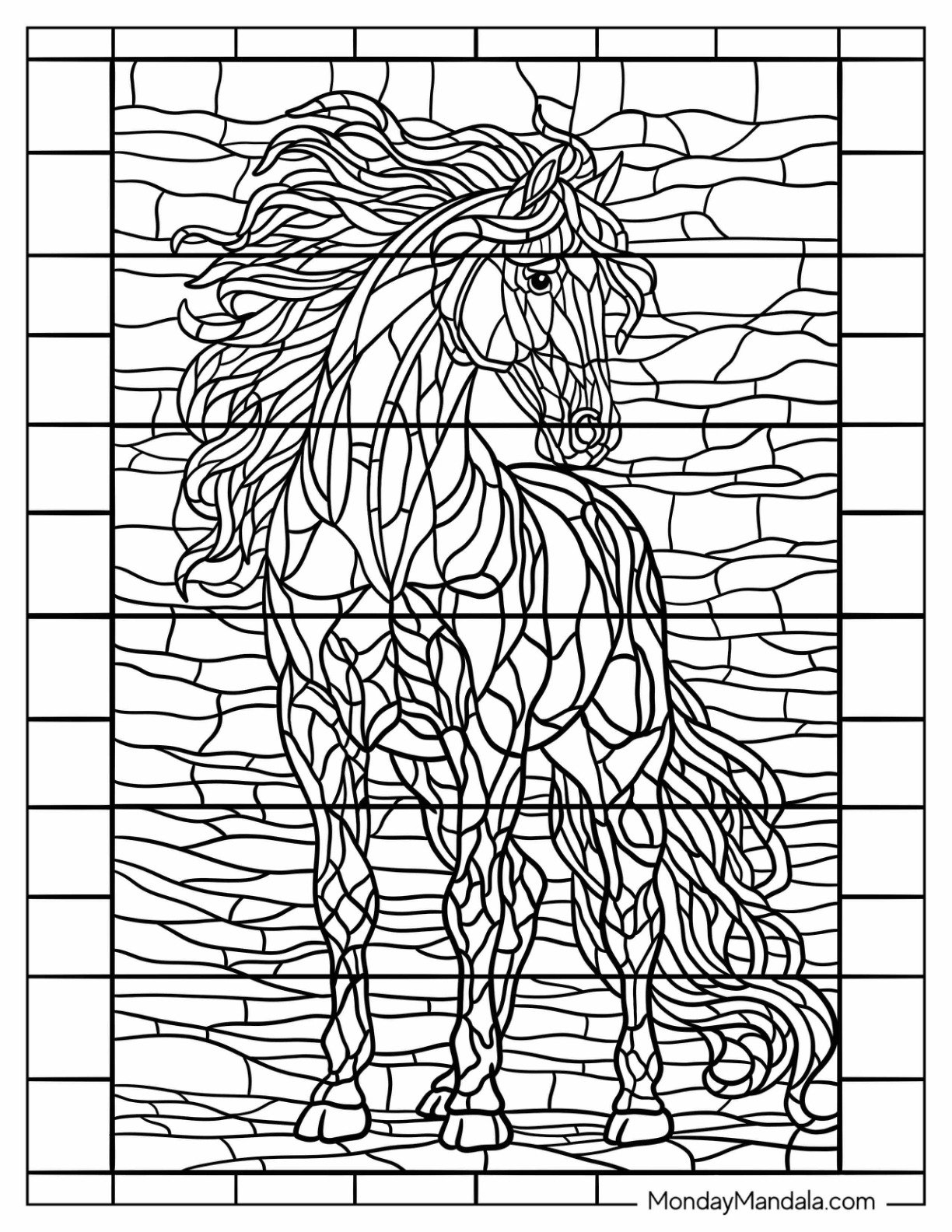 Majestic Horse Coloring Page with Flowing Mane Stained Glass