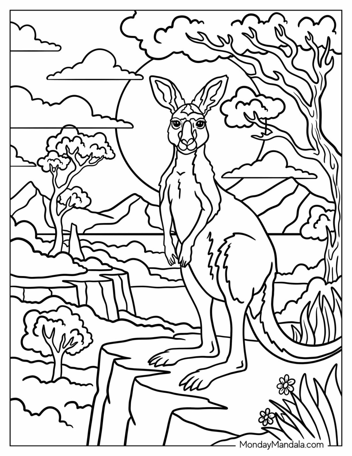 Majestic Kangaroo Coloring Page Standing Tall on a Cliff Overlooking the Outback