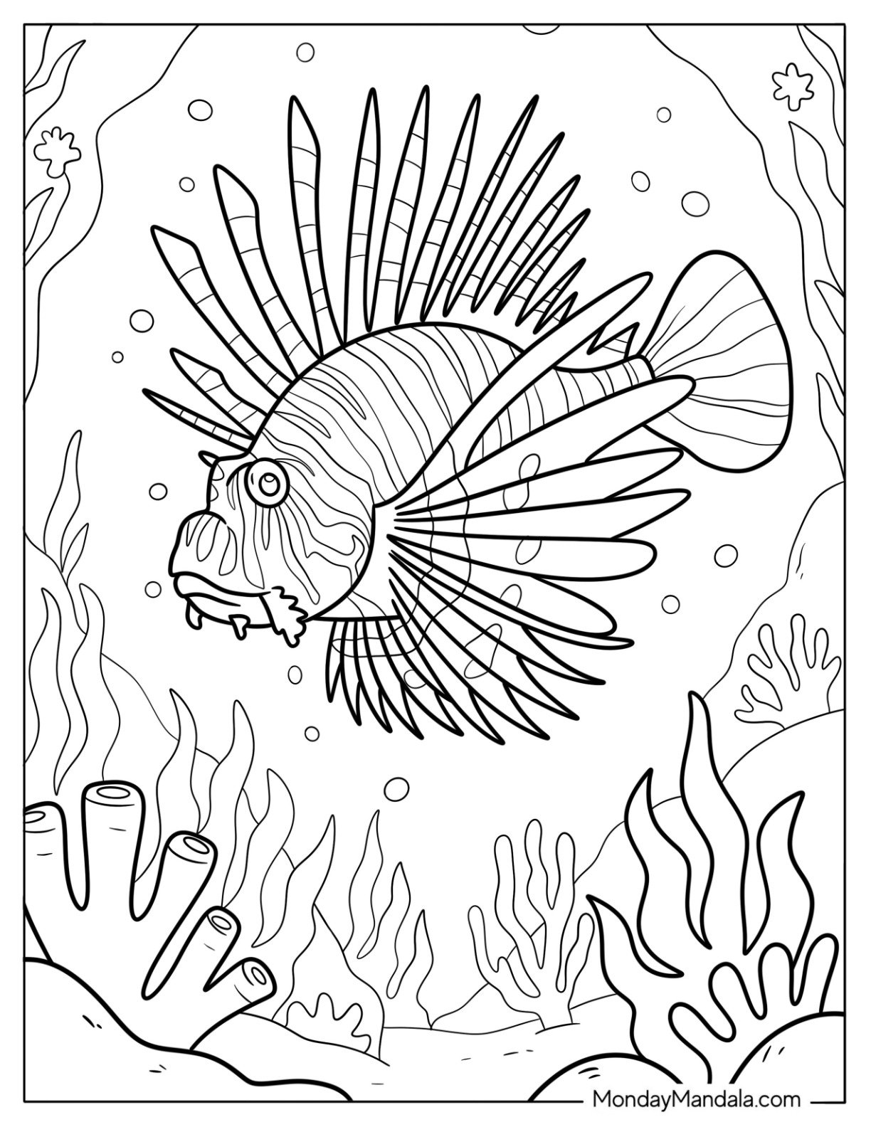 Fish Coloring Page of Majestic Lionfish Swimming Through Coral Reef