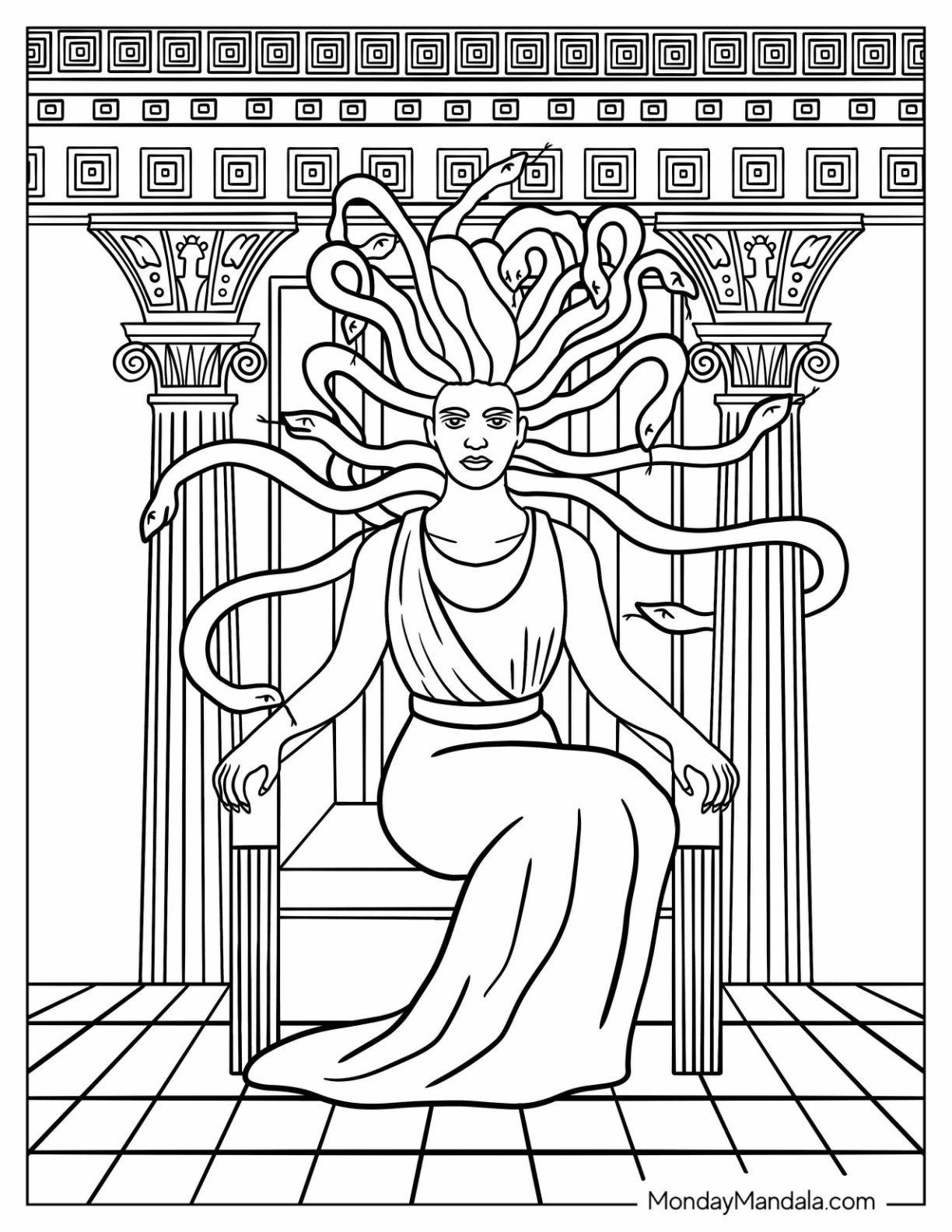 Majestic Medusa Coloring Page Sitting on a Throne of Stone and Snakes