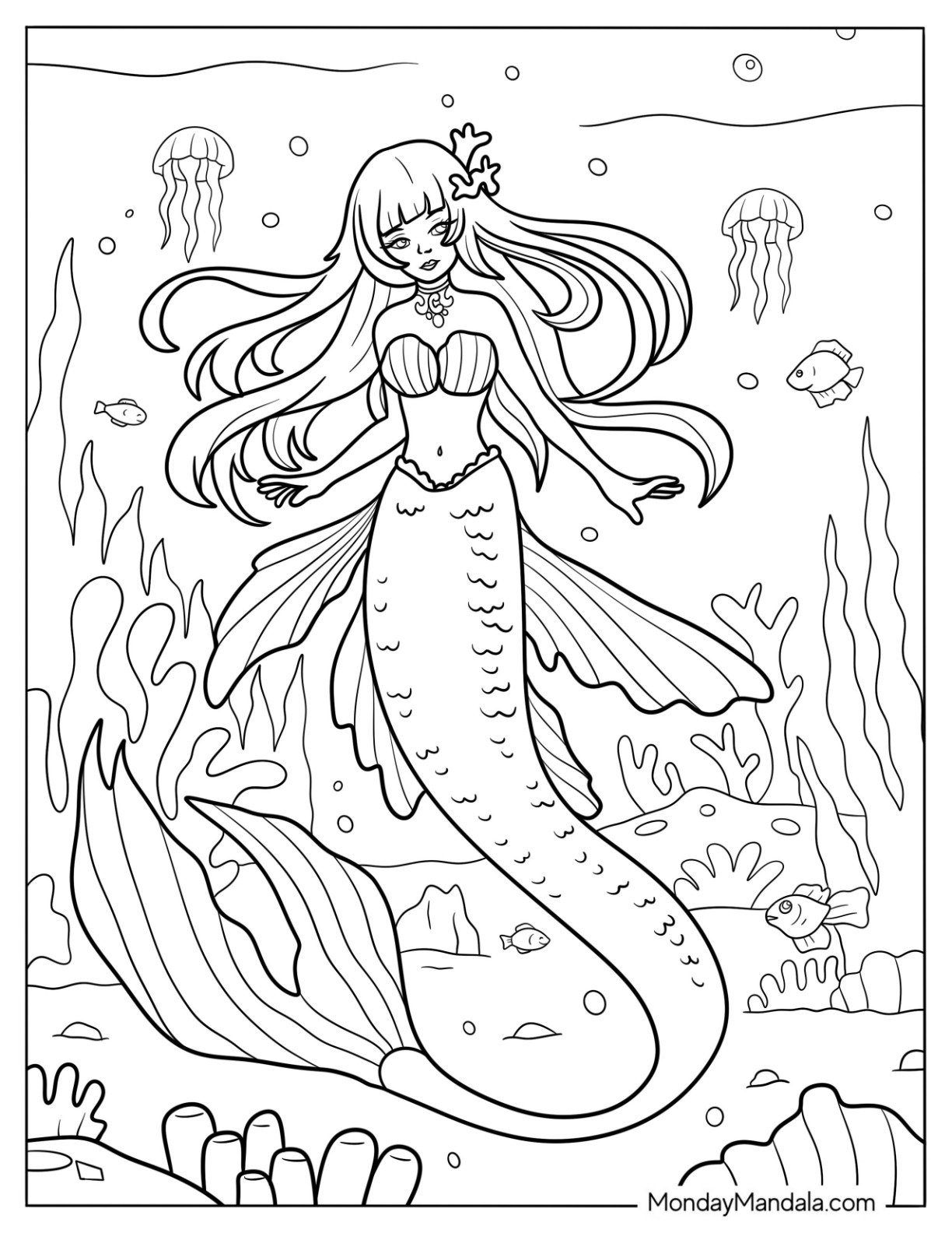 Majestic Mermaid Coloring Page with Long Fins Surrounded by Jellyfish