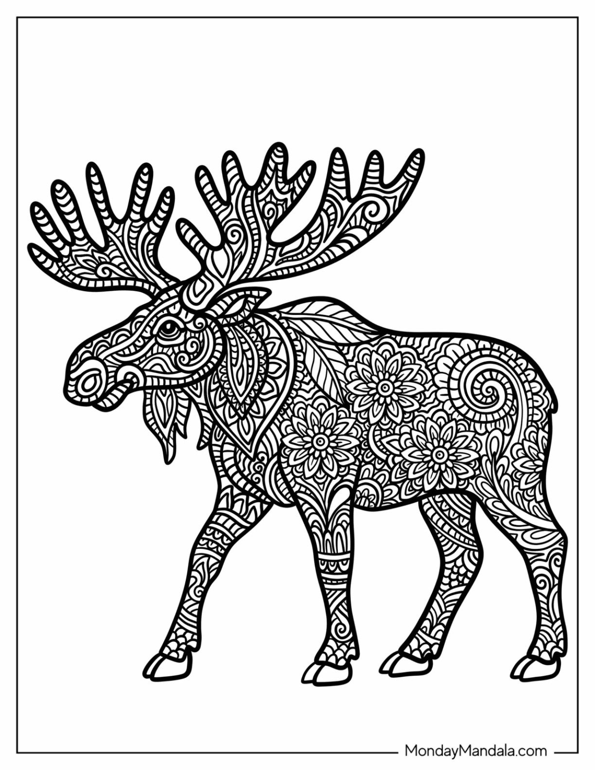Majestic Moose Mandala with Floral Patterns Coloring Page