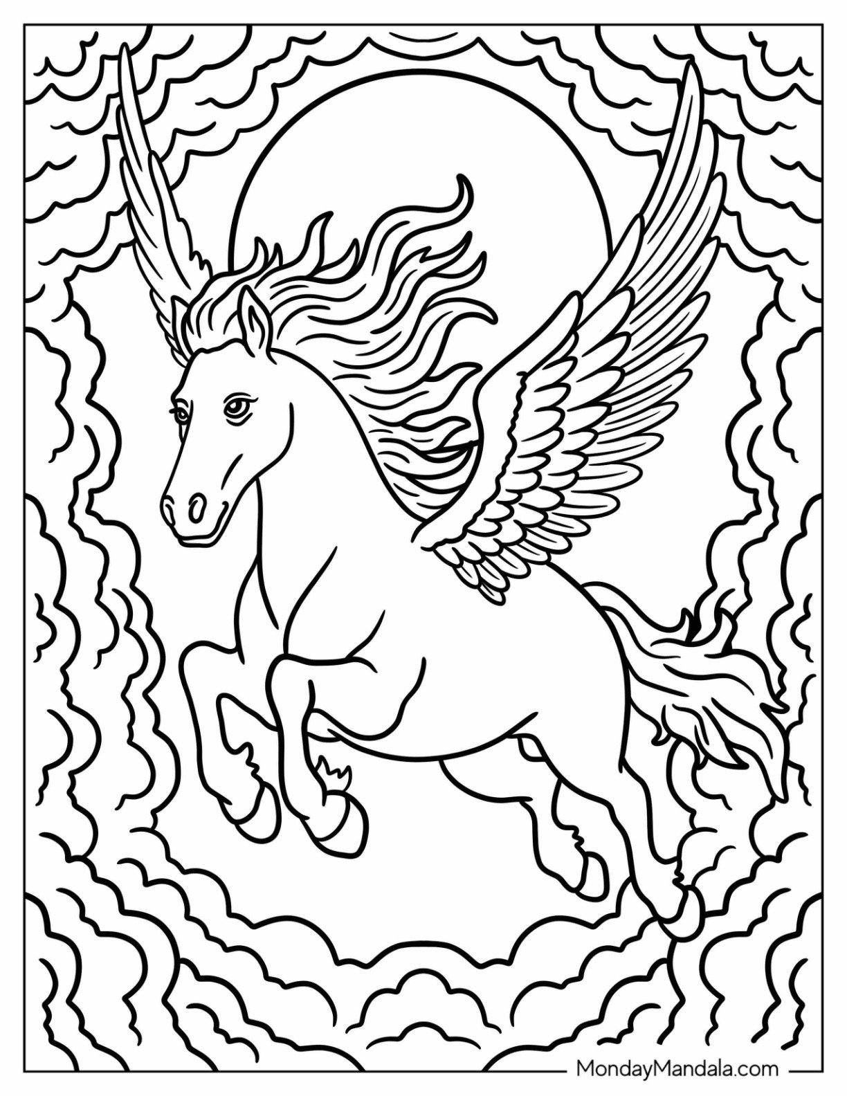 Majestic Pegasus Coloring Page with Flowing Mane in Heavenly Skies