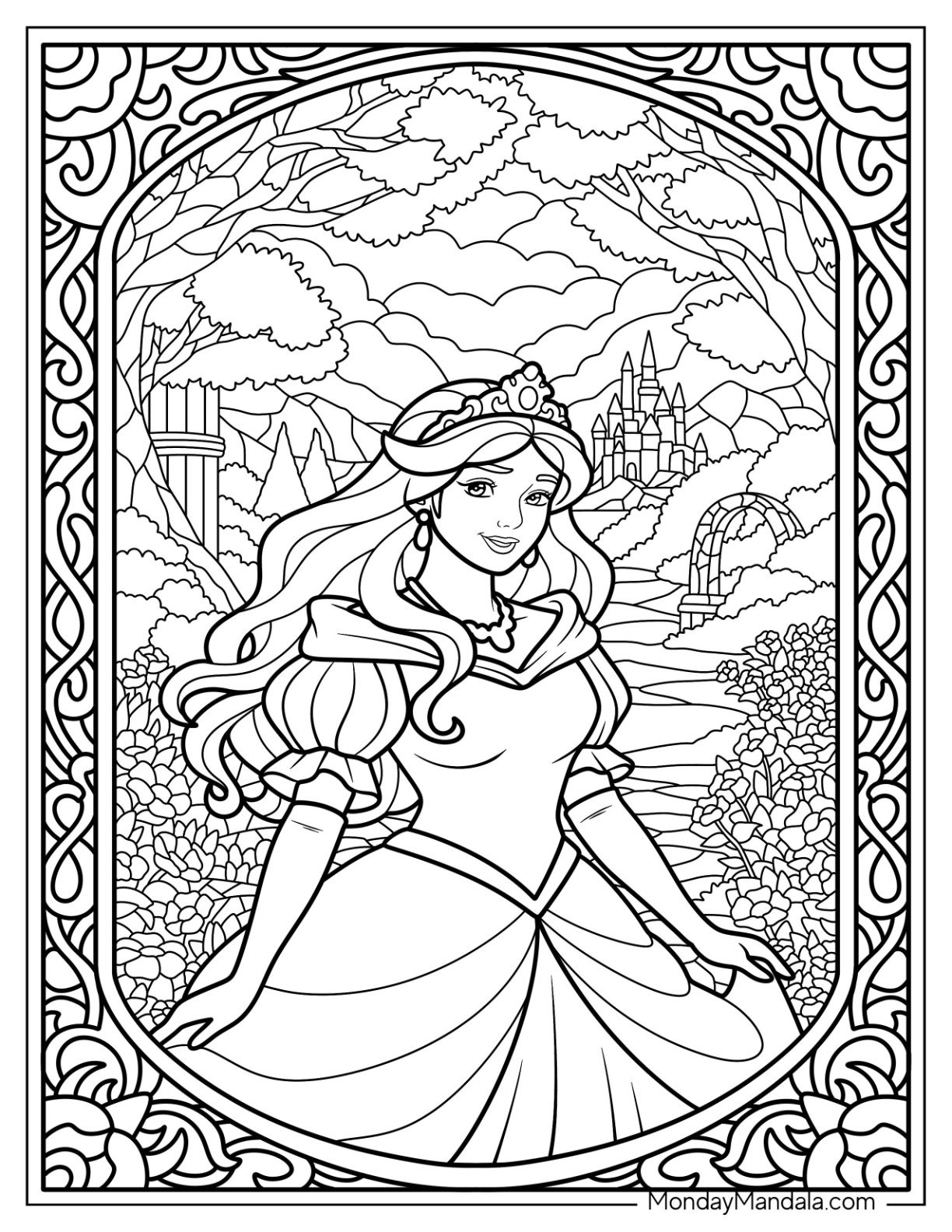 Majestic Princess Coloring Page in Fairytale Garden with Castles and Hills