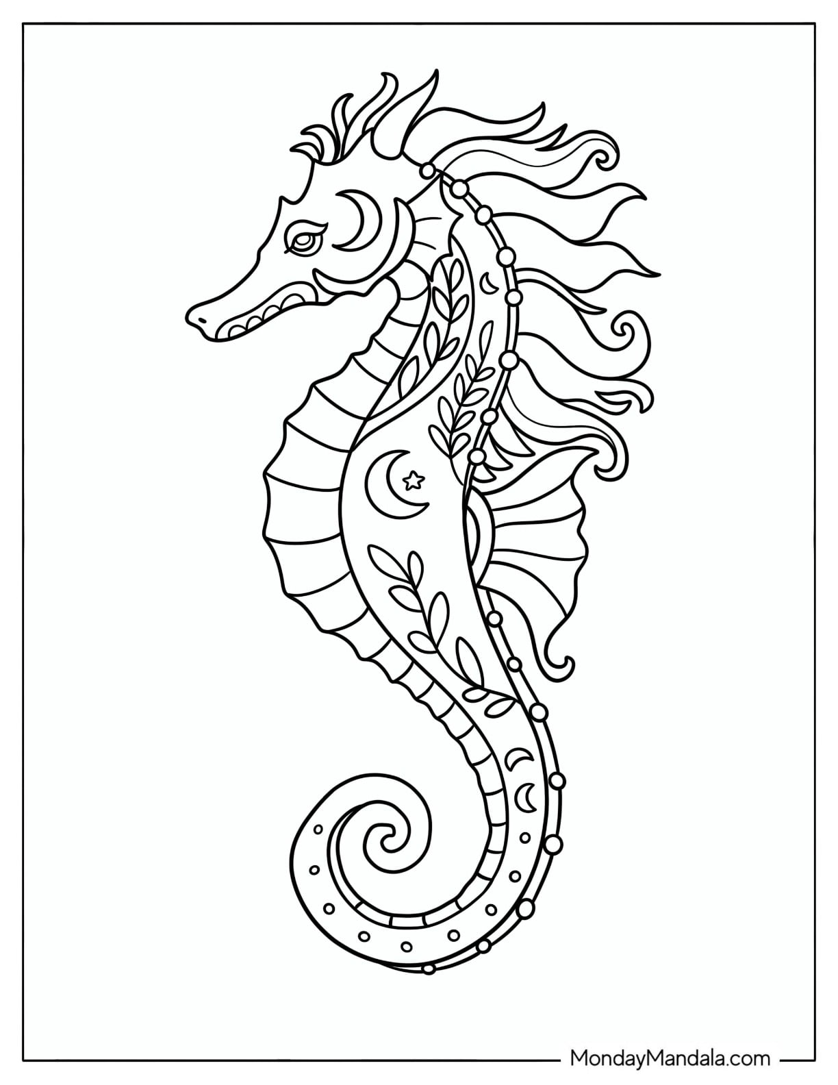 Majestic Seahorse with Leaf and Moon Patterns Coloring Page