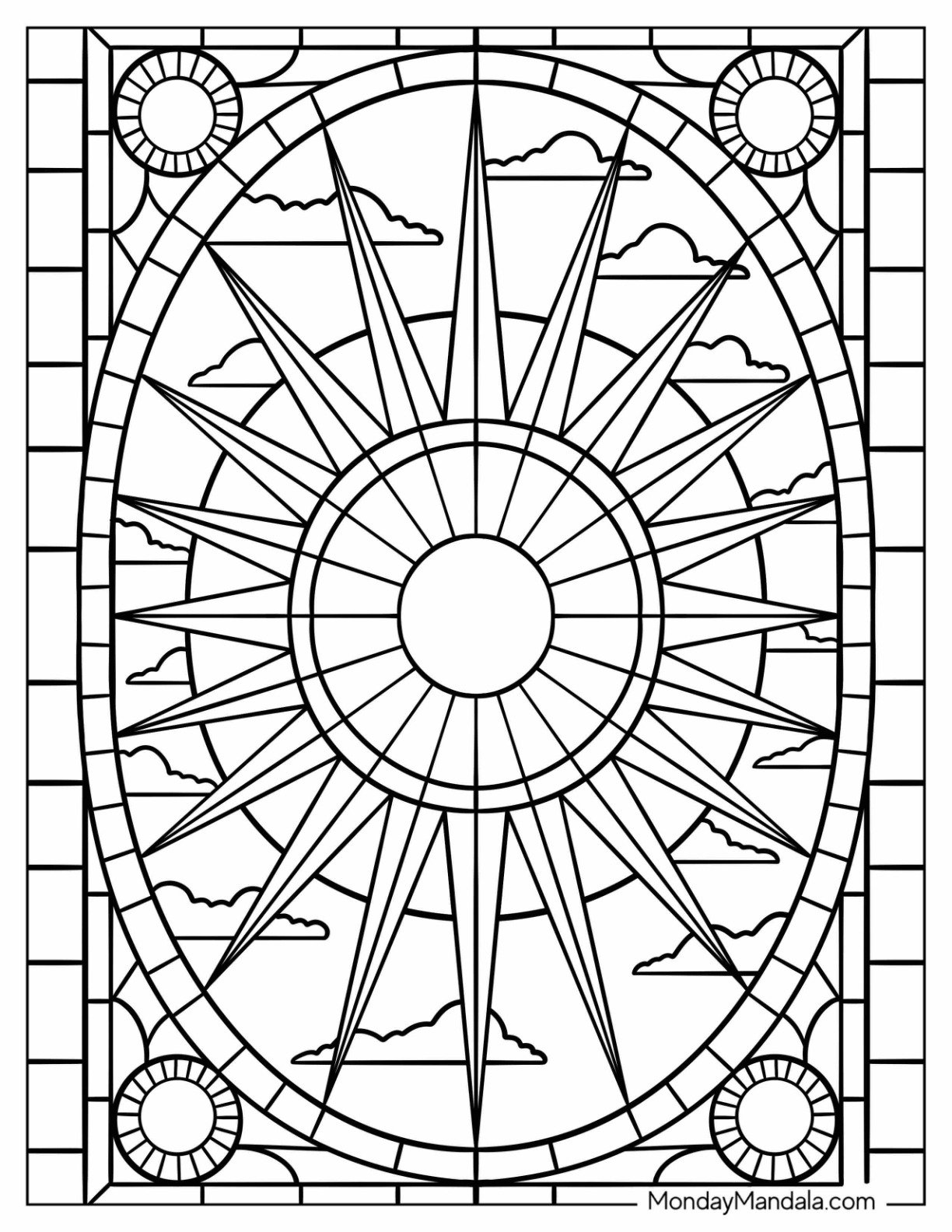 Stained Glass Coloring Page of Majestic Sunburst Window with Clouds