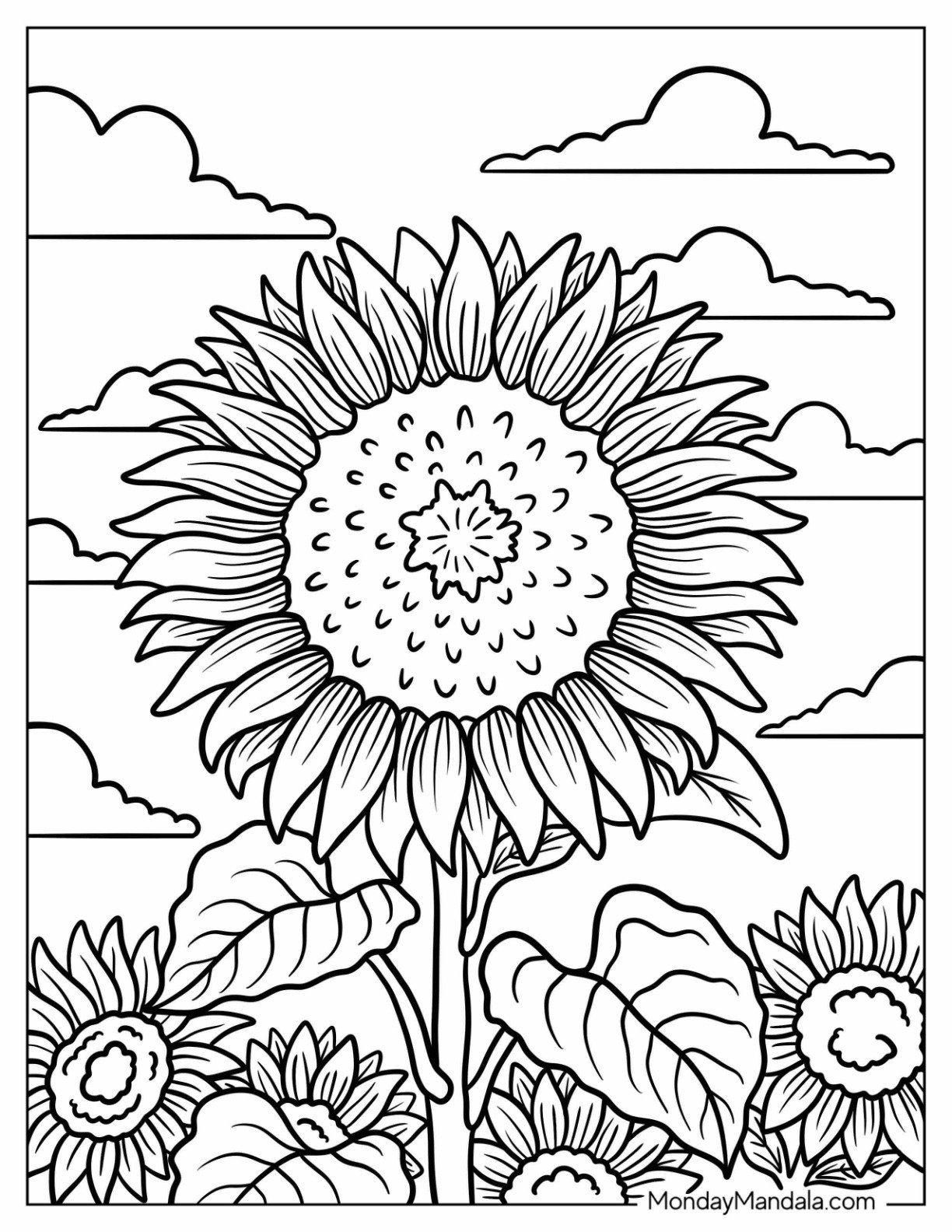 Majestic Sunflower Coloring Page Surrounded by Blooming Buddies Under the Clouds
