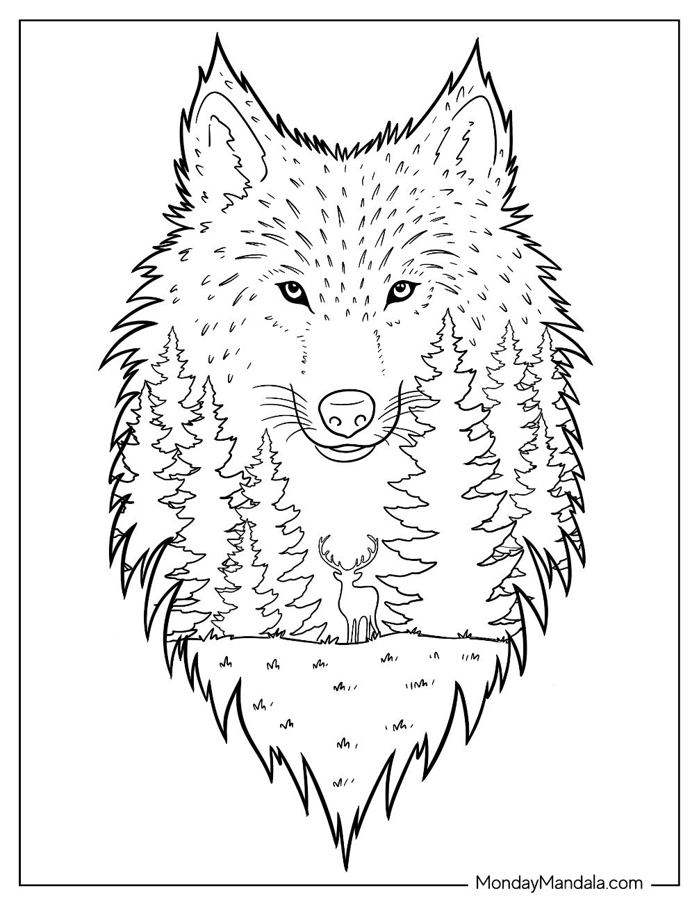 Majestic Wolf Coloring Page Portrait with Forest Landscape and Deer