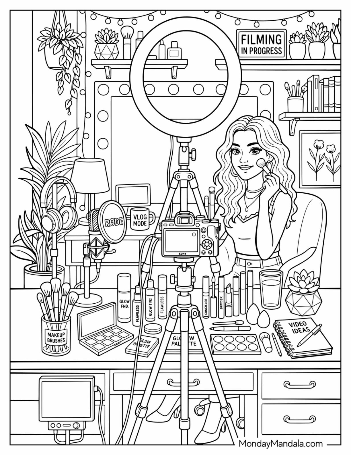 Makeup Artist Filming a Beauty Tutorial with Cosmetics and Ring Light