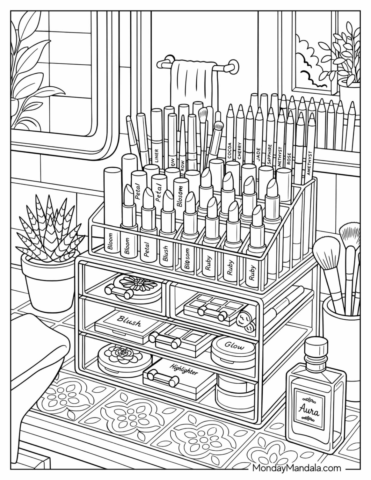 Makeup Organizer with Lipsticks, Blush, and Brushes Coloring Page
