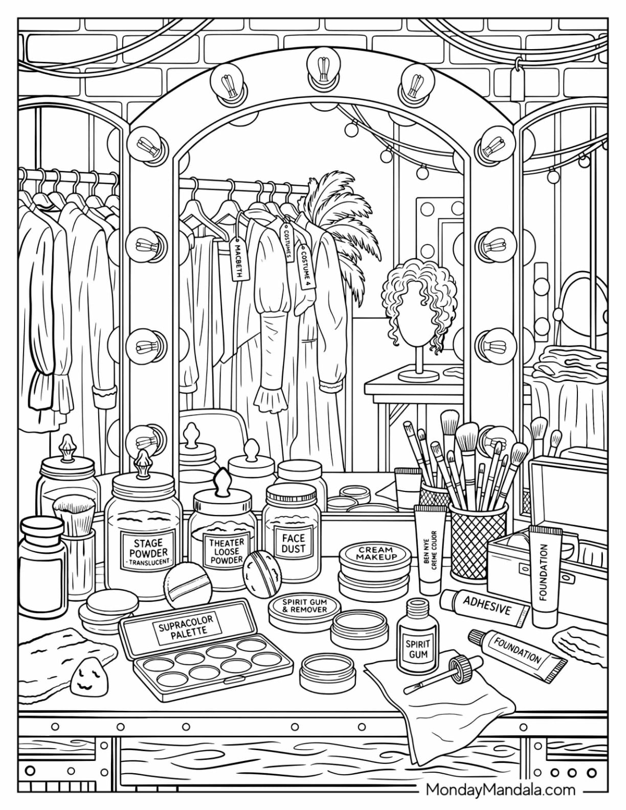 Makeup Vanity with Cosmetics, Brushes, and Dressing Room Coloring Sheet