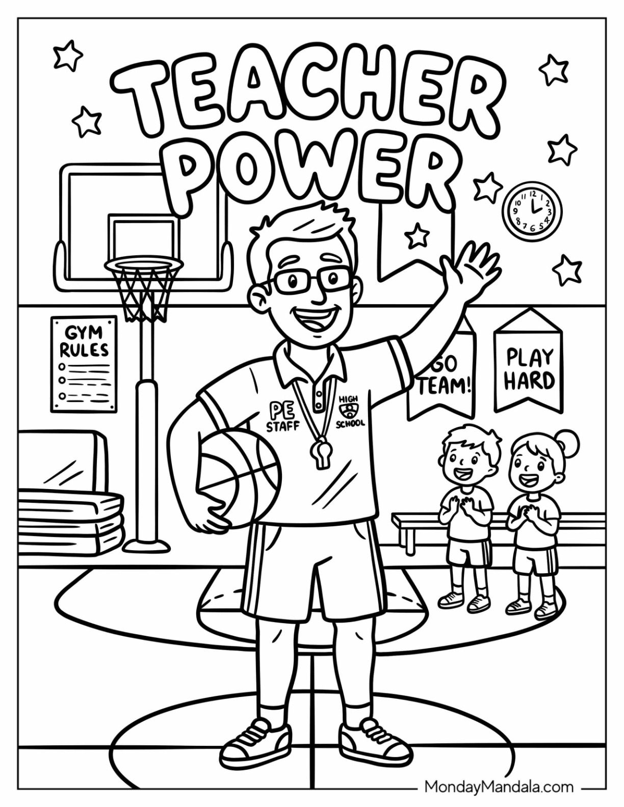 Male Gym Teacher Coloring Page on the Basketball Court for Kids