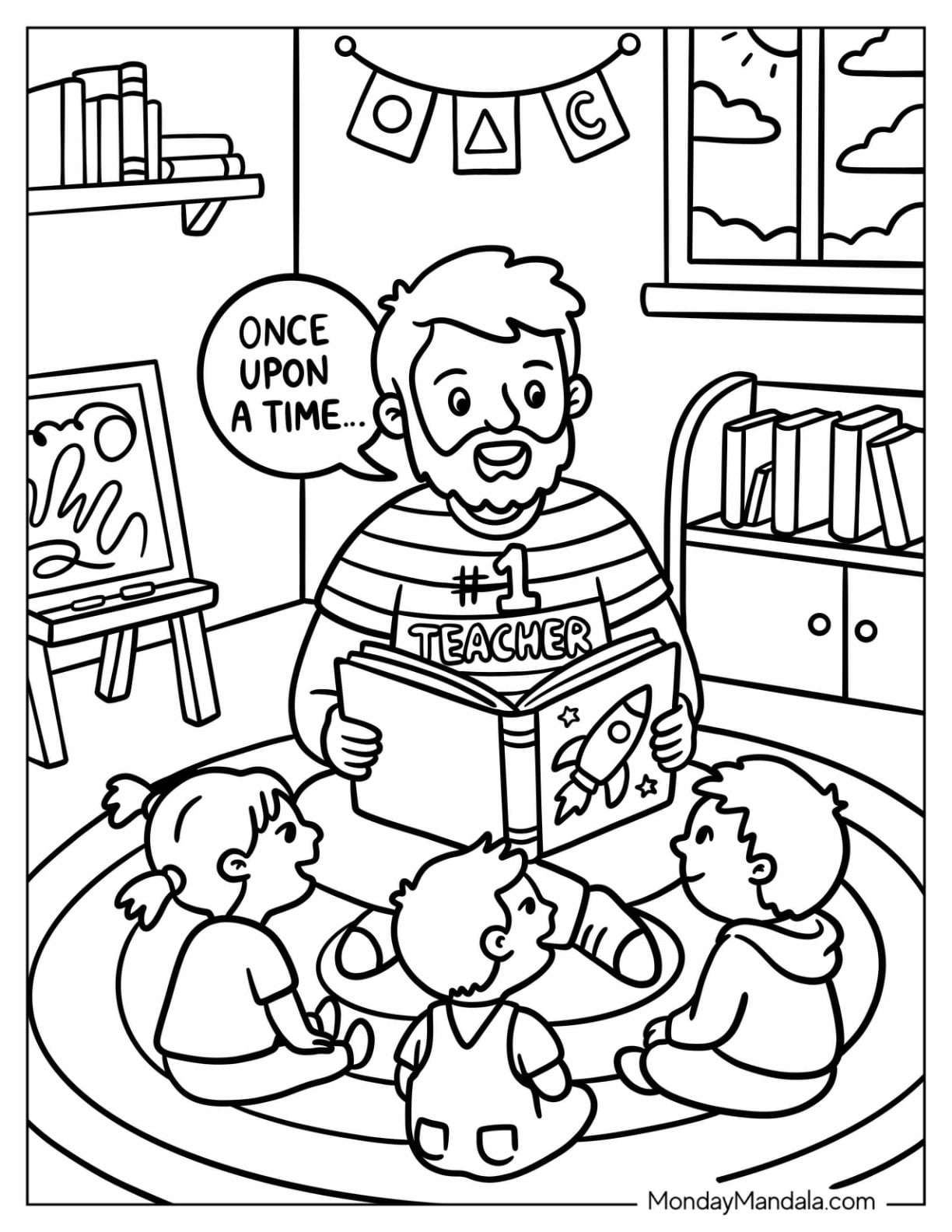 Male Teacher Coloring Page Reading a Fairytale Book to Kids