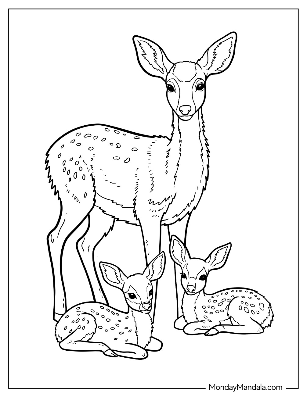 Mama Deer Coloring Page with Two Fawns