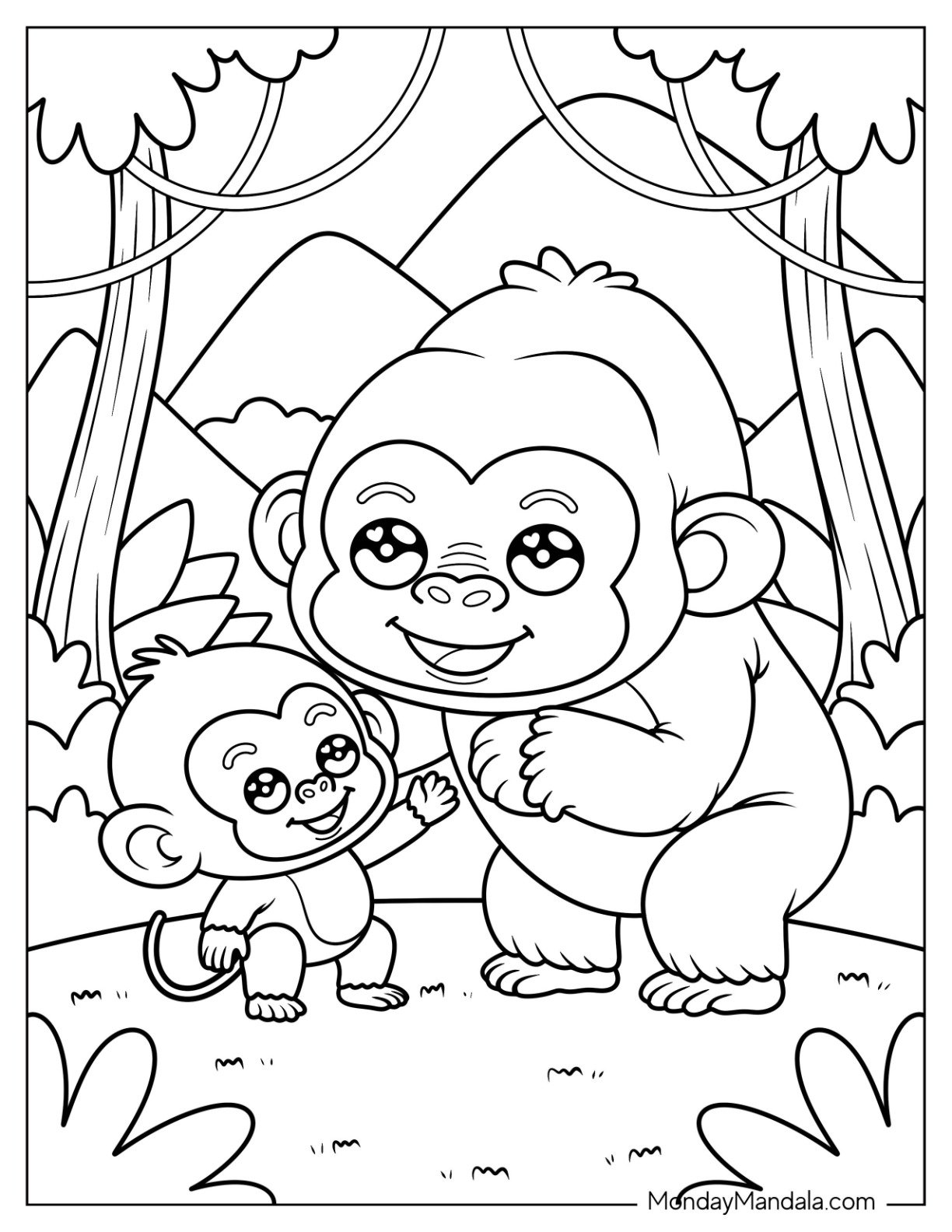 Mama Gorilla Coloring Page Playing with Her Baby in the Forest