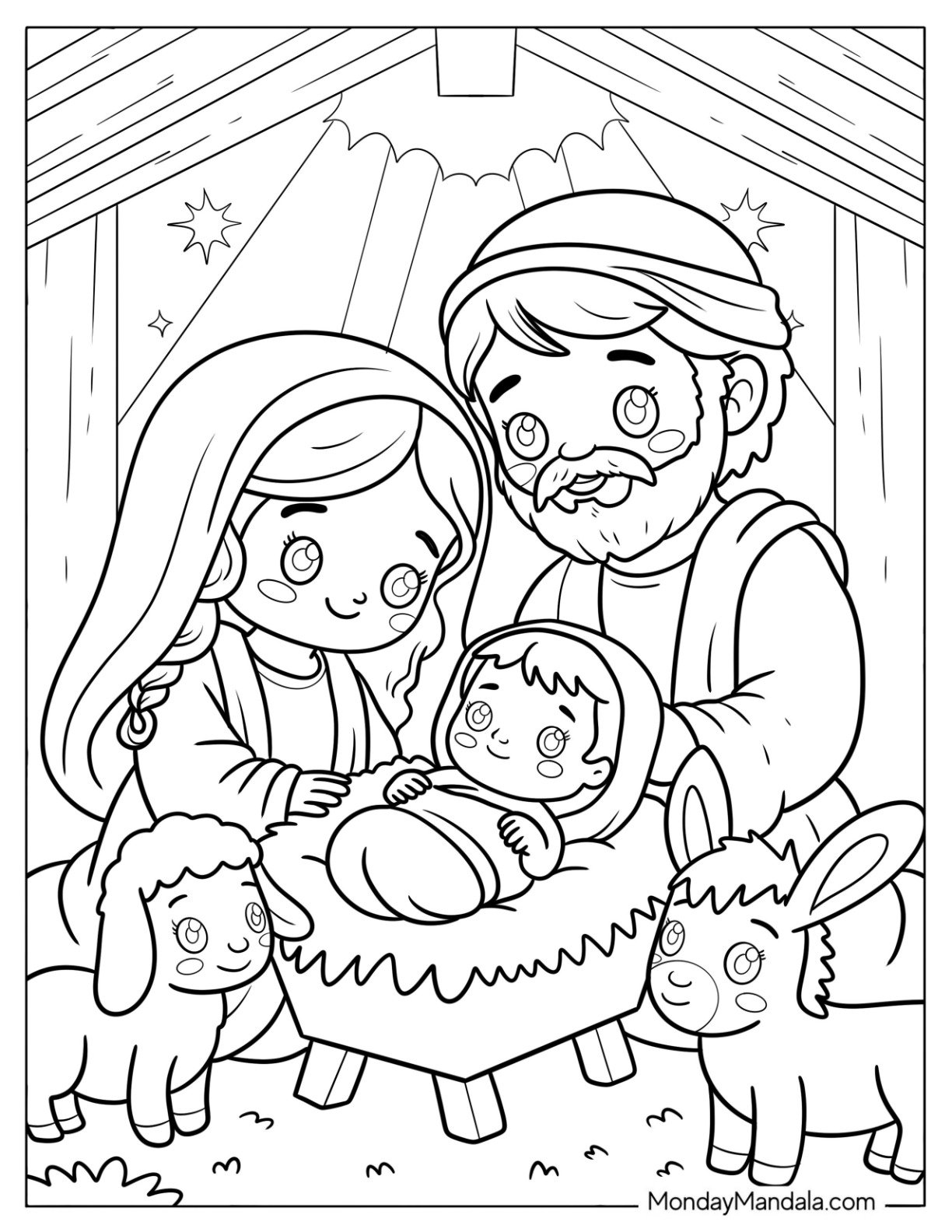 Mama Mary, Joseph, and Baby Jesus in a Manger on Christmas