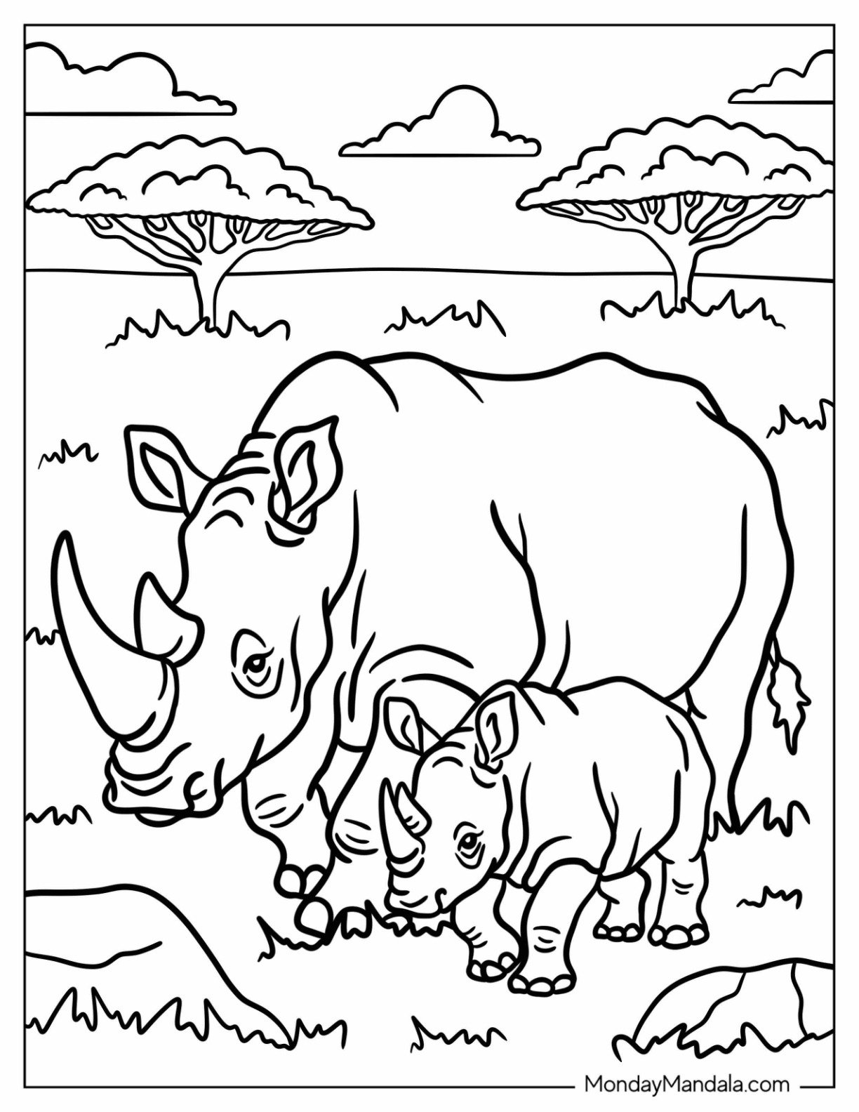 Mama Rhino Coloring Page Walking with Her Baby