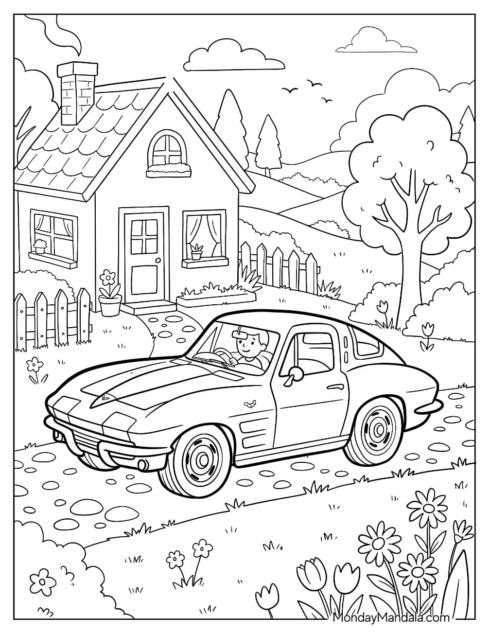 Man Driving a Corvette in a Village Coloring Sheet