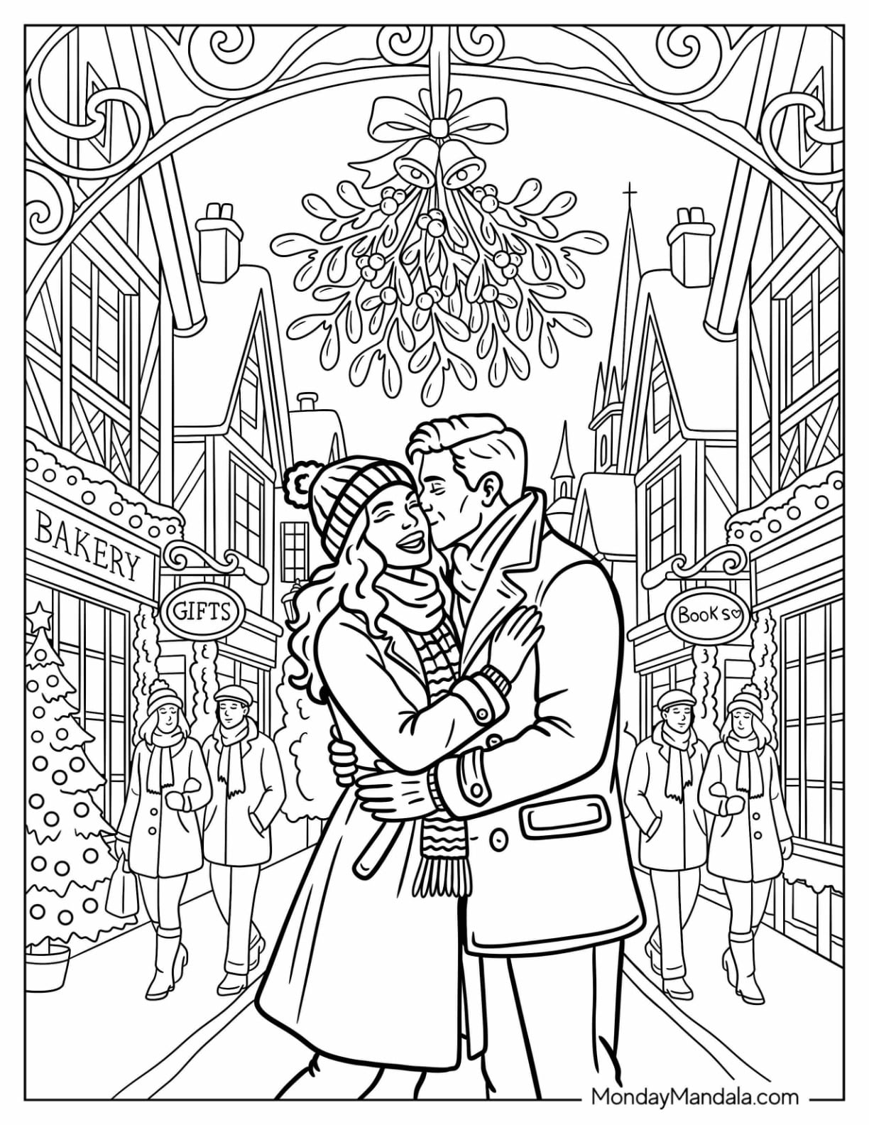 Man Kissing Woman Under the Mistletoe Christmas Coloring Page for Adults