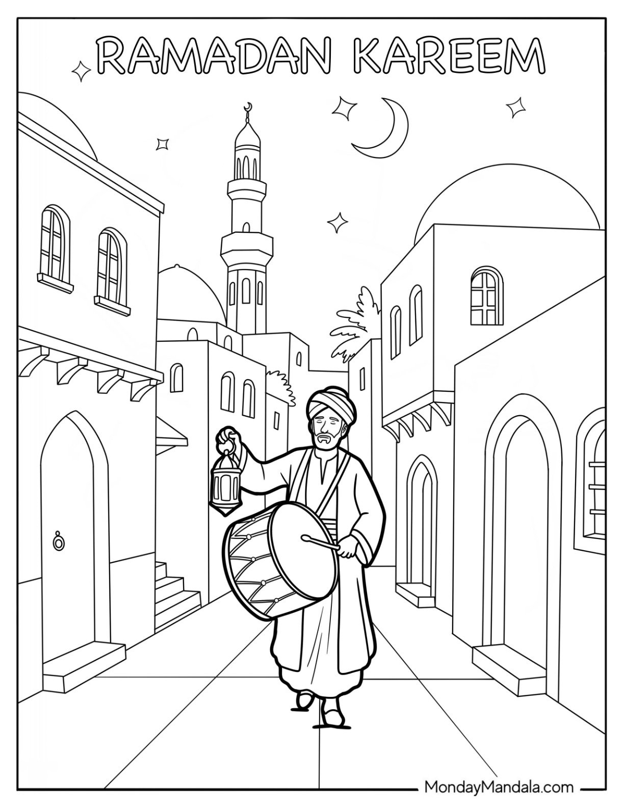 Ramadan Coloring Page of Man Playing a Drum While Walking Through a City Street