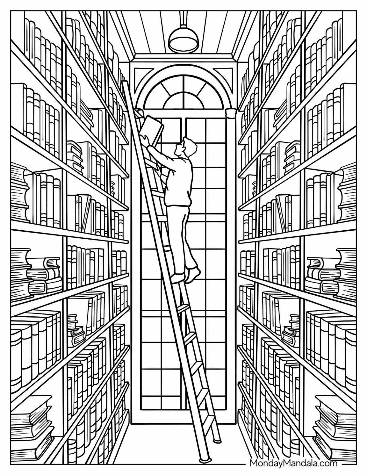 Man Reaching for Book on Ladder in Grand Library Coloring Page Stacks