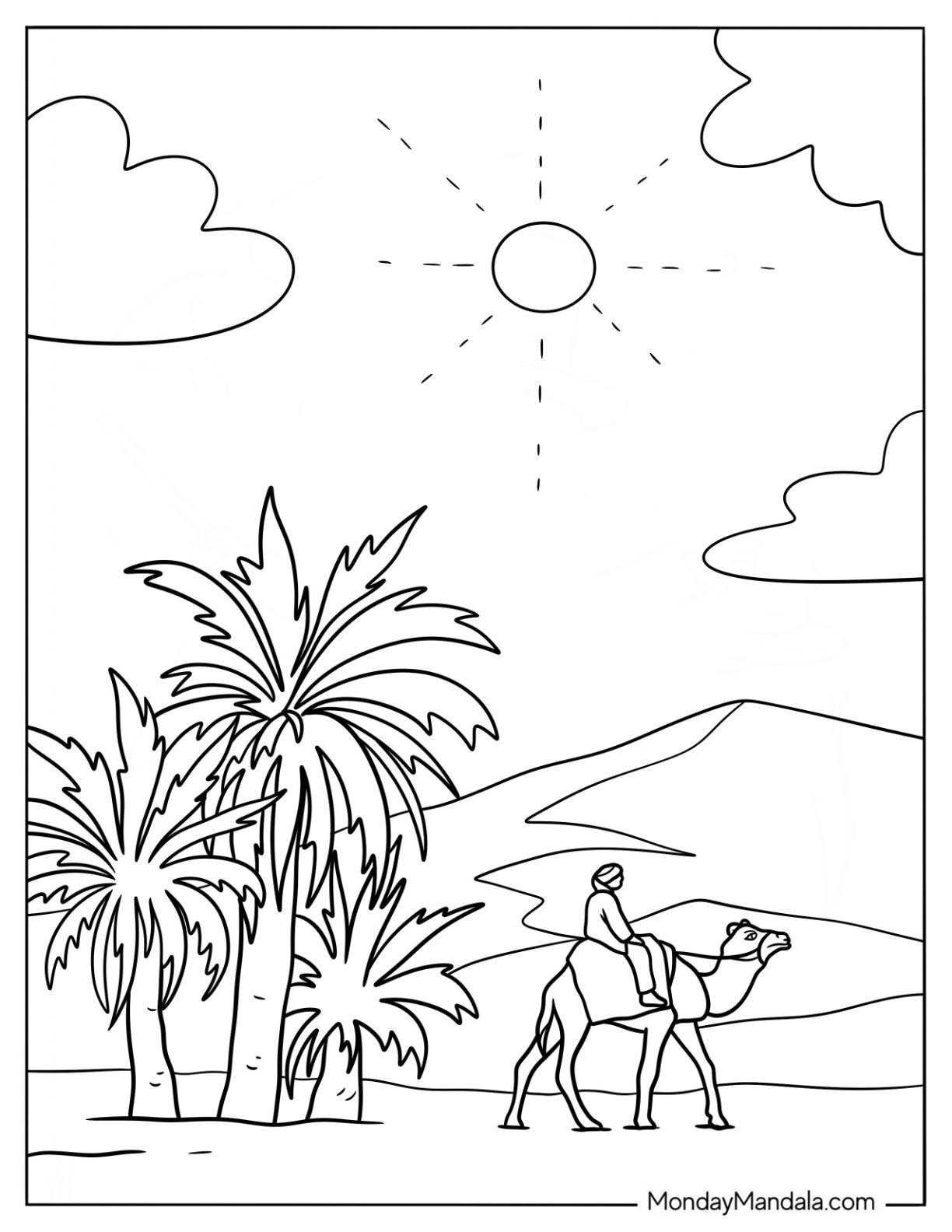 Man Riding A Camel Coloring Page In The Desert