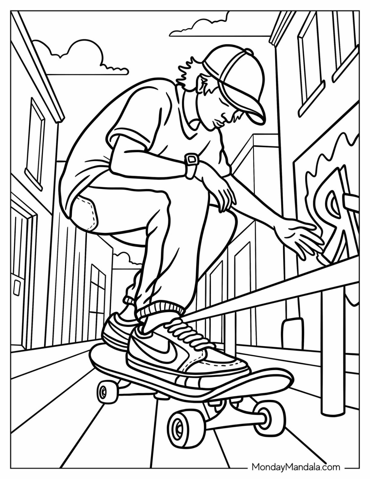Man Skateboarding in Nike Coloring Page Shoes