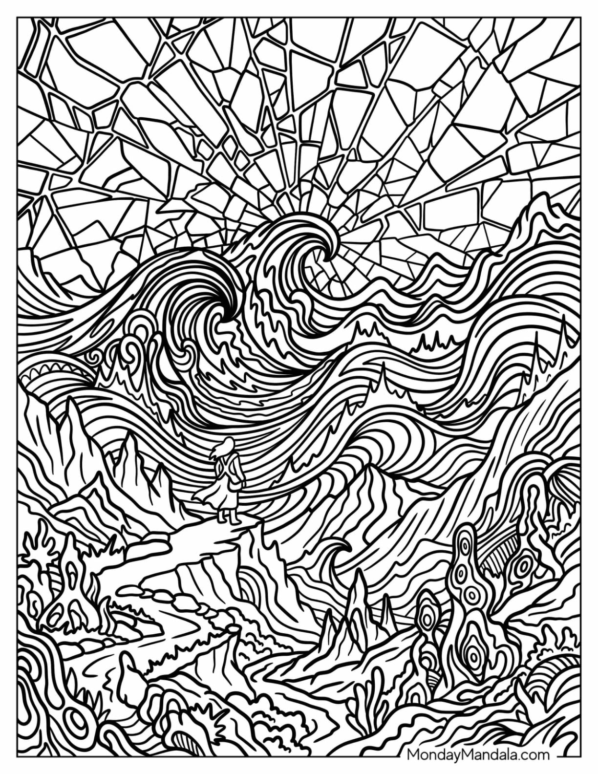Man on a Cliff Staring at Trippy Waves Coloring Sheet