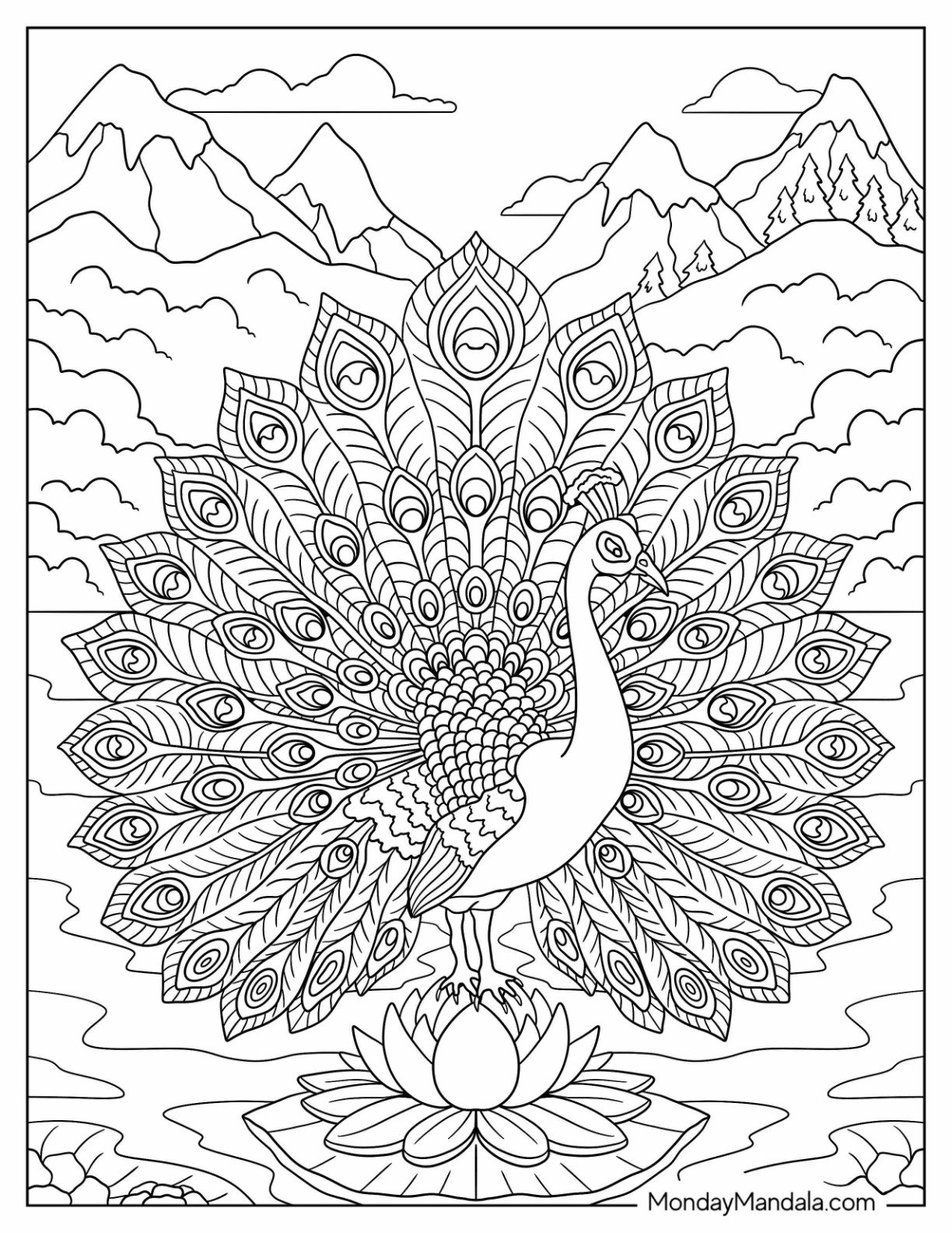 Mandala Peacock Coloring Page Standing on Lotus in Mountain Landscape