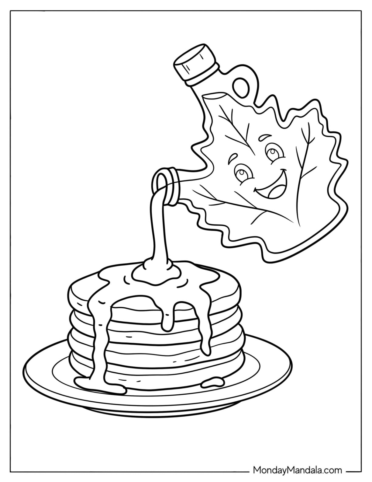 Canada Coloring Page of Maple Syrup Pouring Over Pancakes for Kids