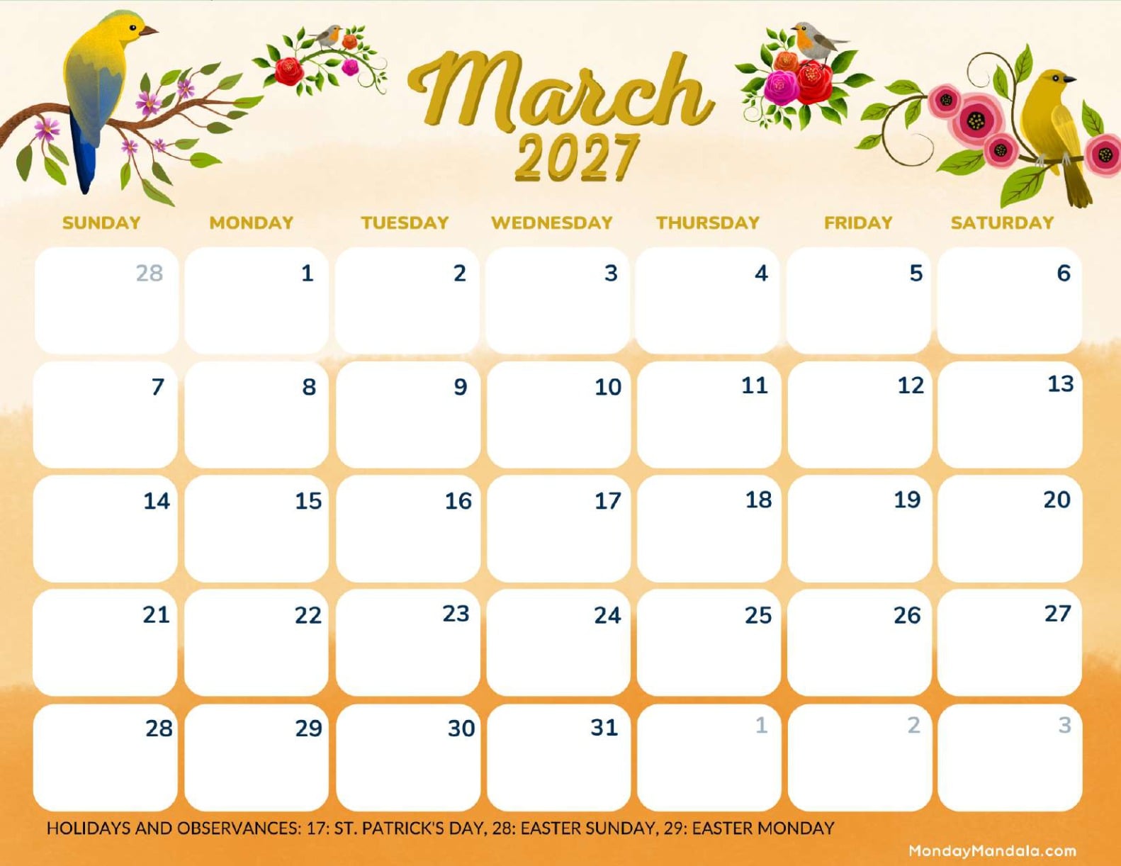 March 2027 Calendar Printable Birds Landscape