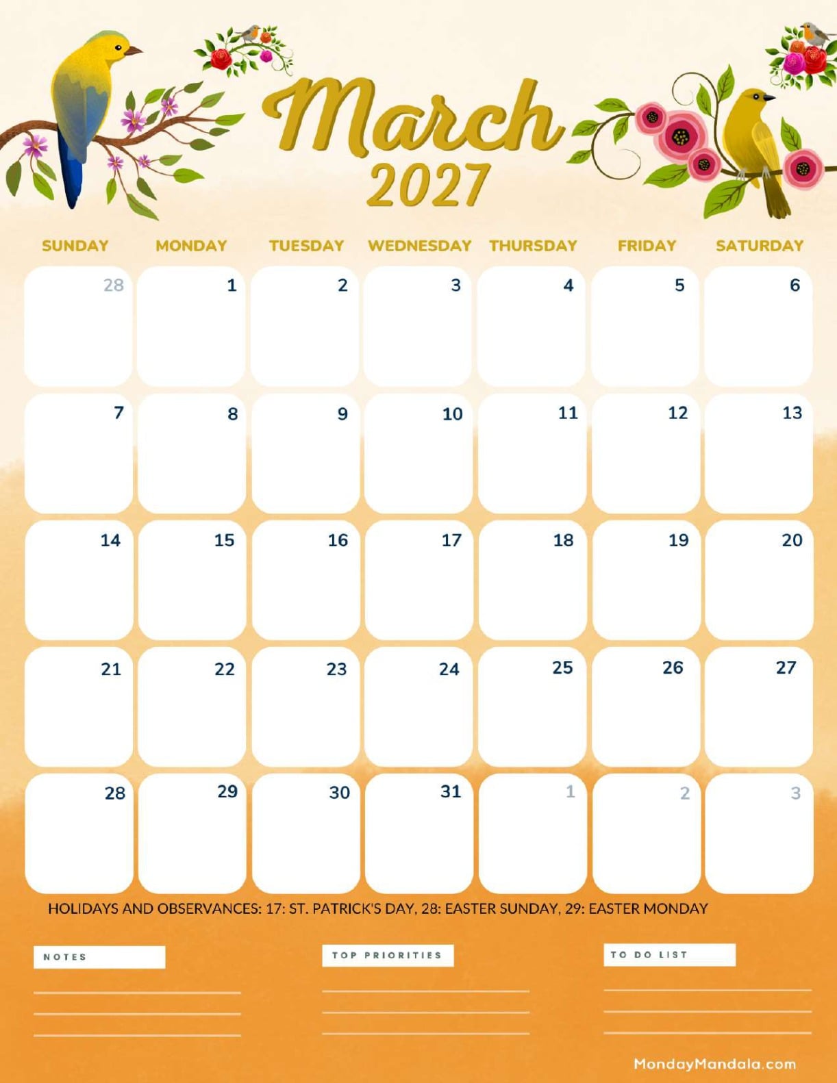 March 2027 Calendar Printable Birds Portrait