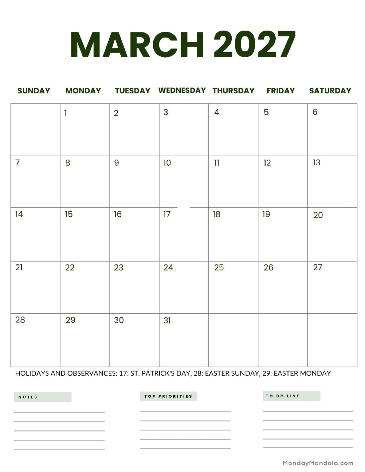 March 2027 Calendar Printable Business 2 Portrait