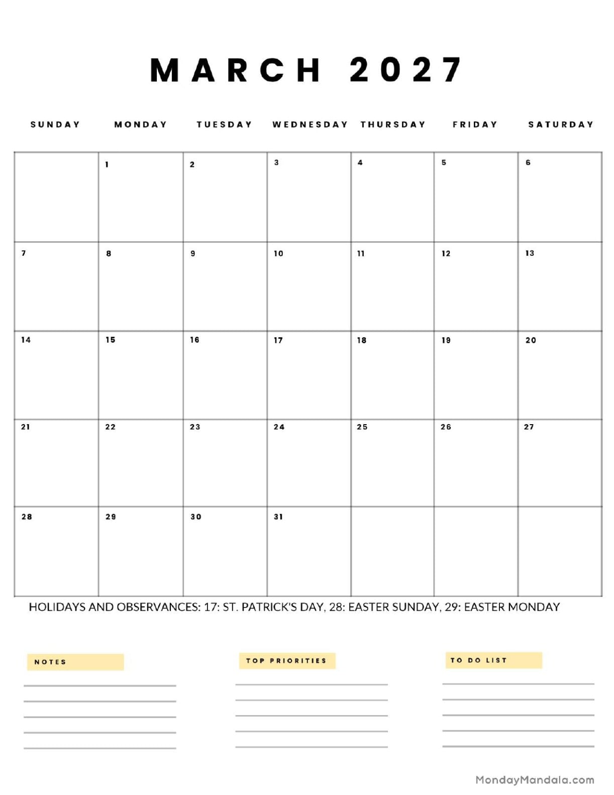 March 2027 Calendar Printable Business 5 Portrait