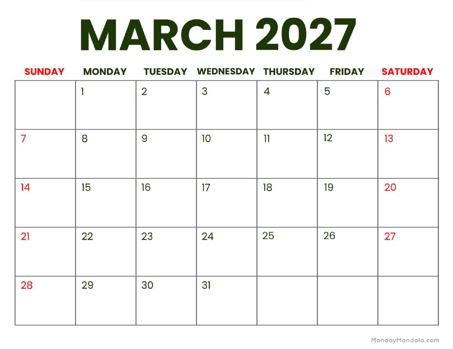 March 2027 Calendar Printable Business Landscape