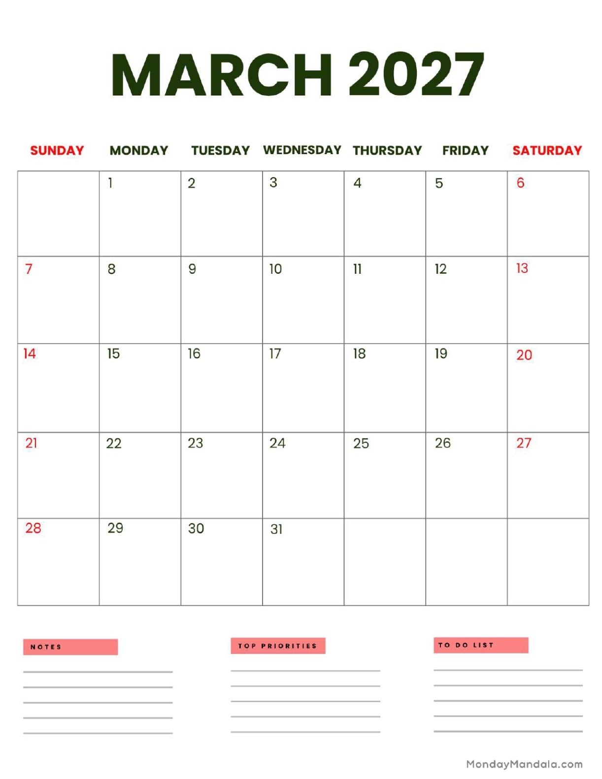 March 2027 Calendar Printable Business Portrait
