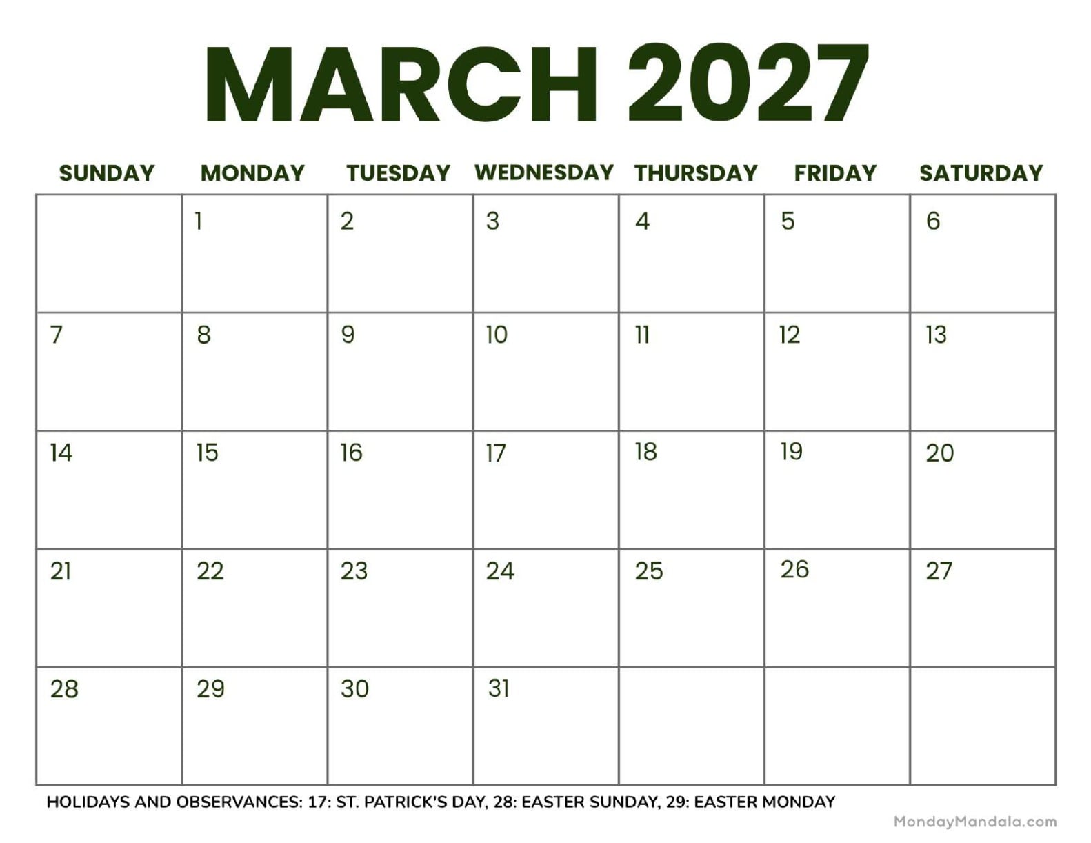 March 2027 Calendar Printable Business2 Landscape
