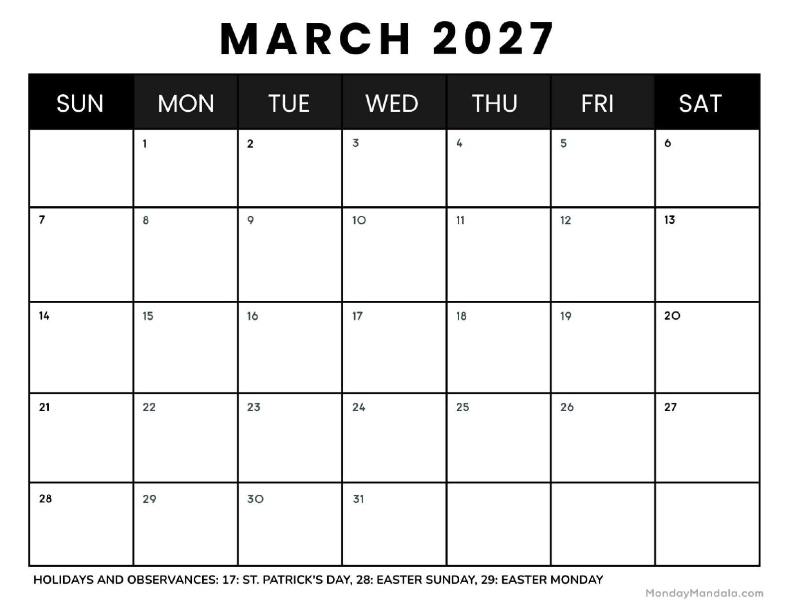 March 2027 Calendar Printable Business4 Landscape