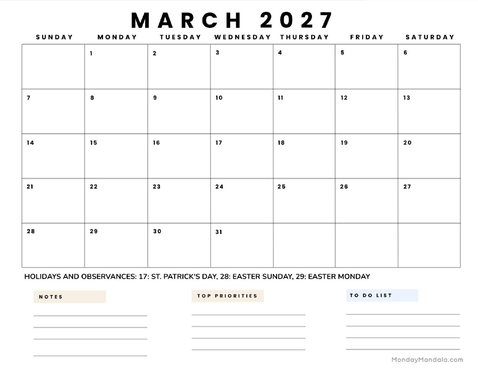 March 2027 Calendar Printable Business5 Landscape