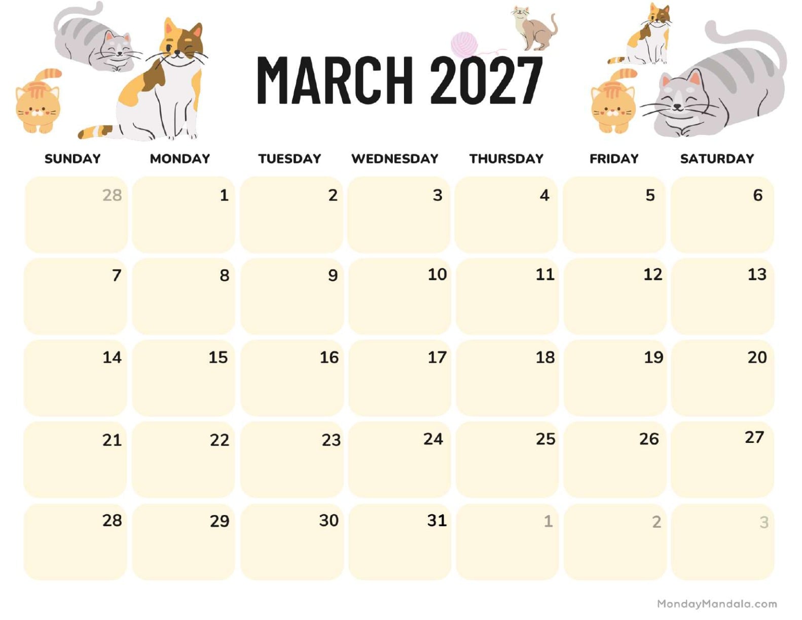 March 2027 Calendar Printable Cats Landscape