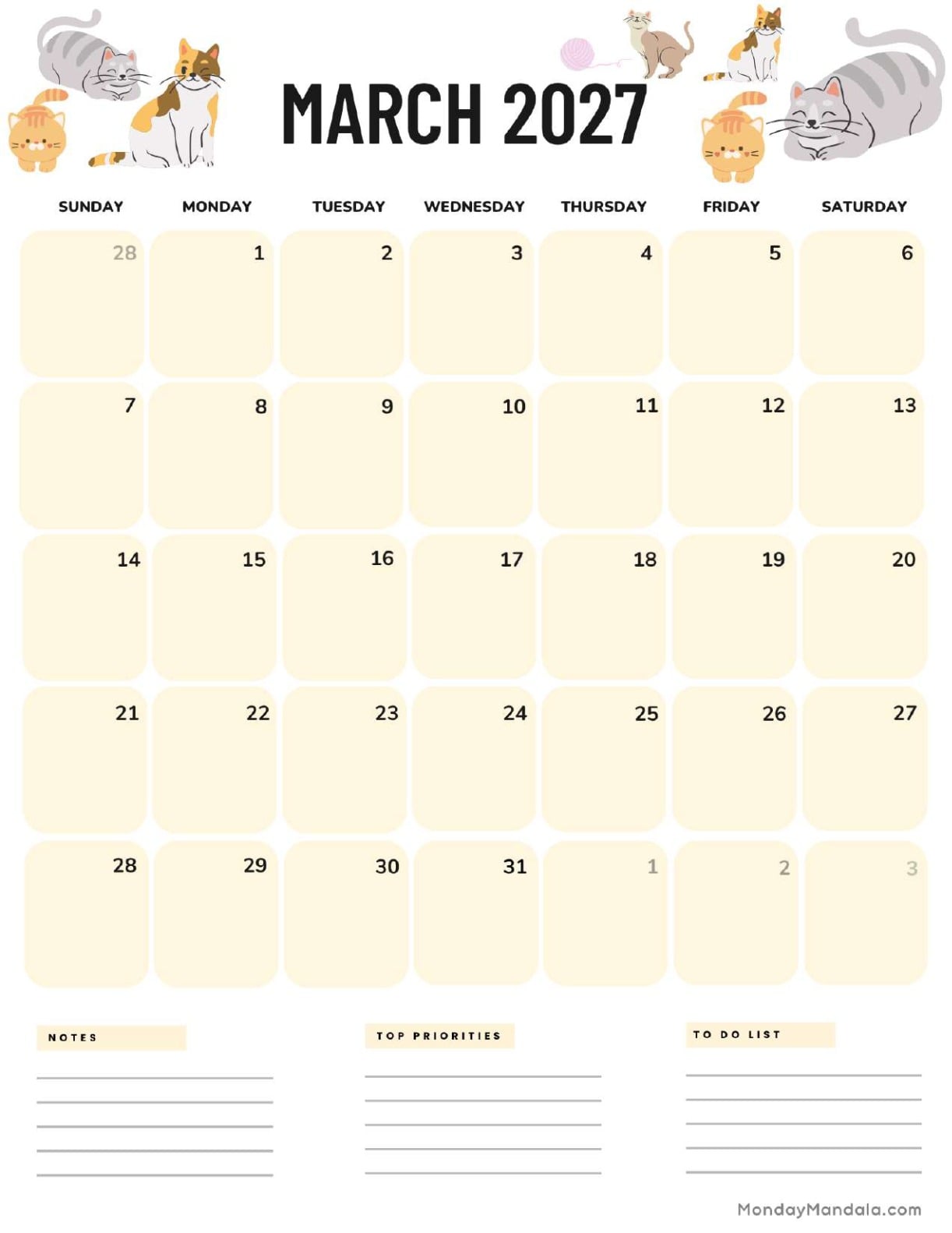 March 2027 Calendar Printable Cats Portrait