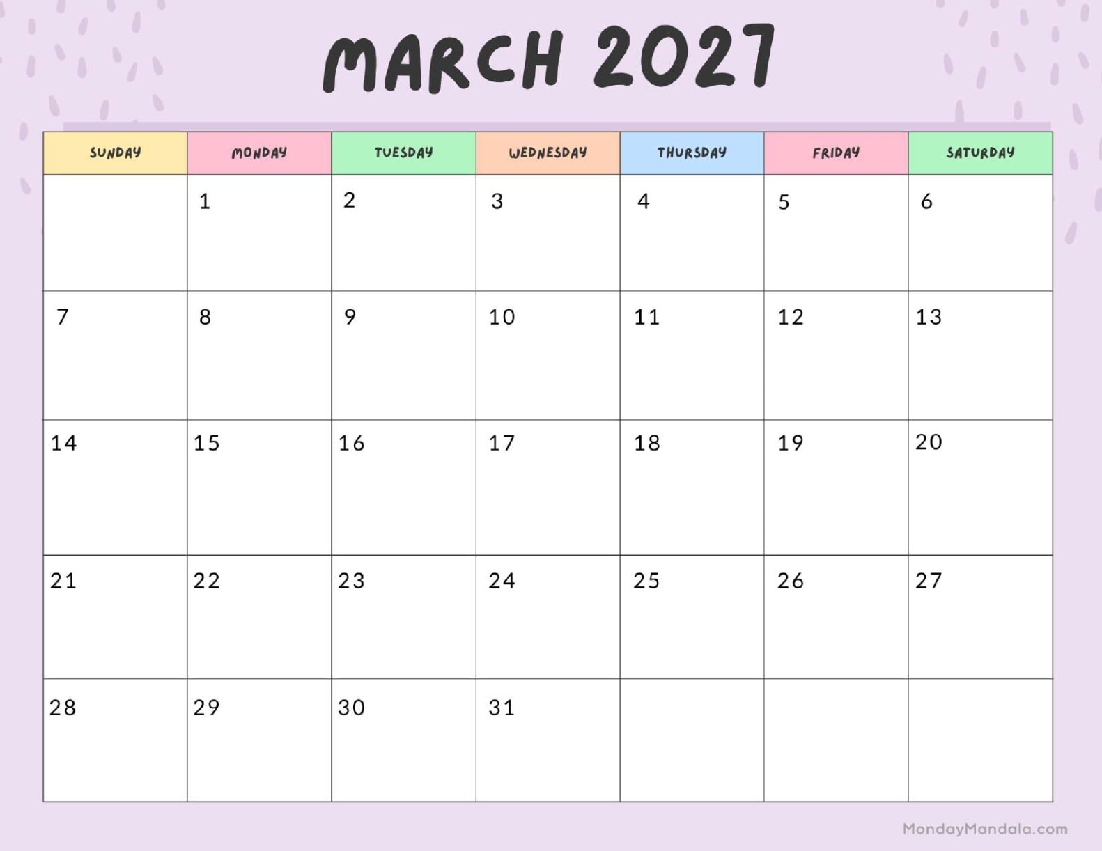 March 2027 Calendar Printable Colorful Landscape