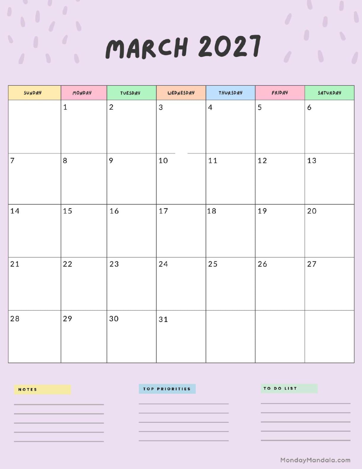 March 2027 Calendar Printable Colorful Portrait