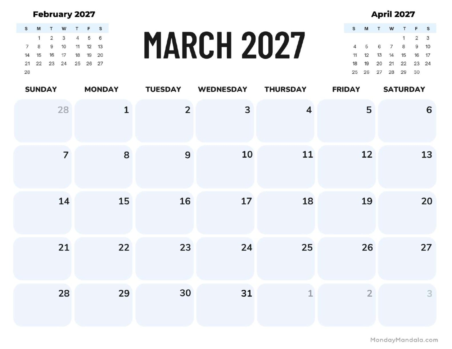 March 2027 Calendar Printable Corporate Landscape