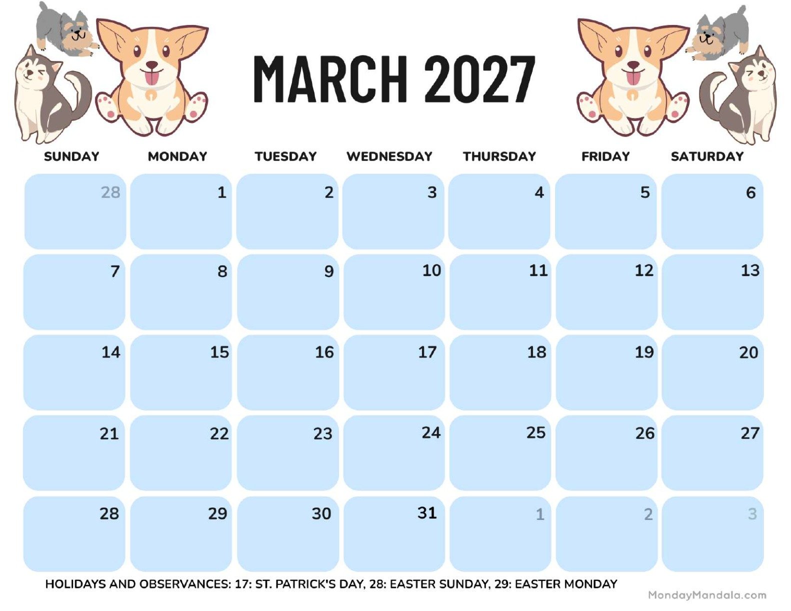 March 2027 Calendar Printable Dogs Landscape