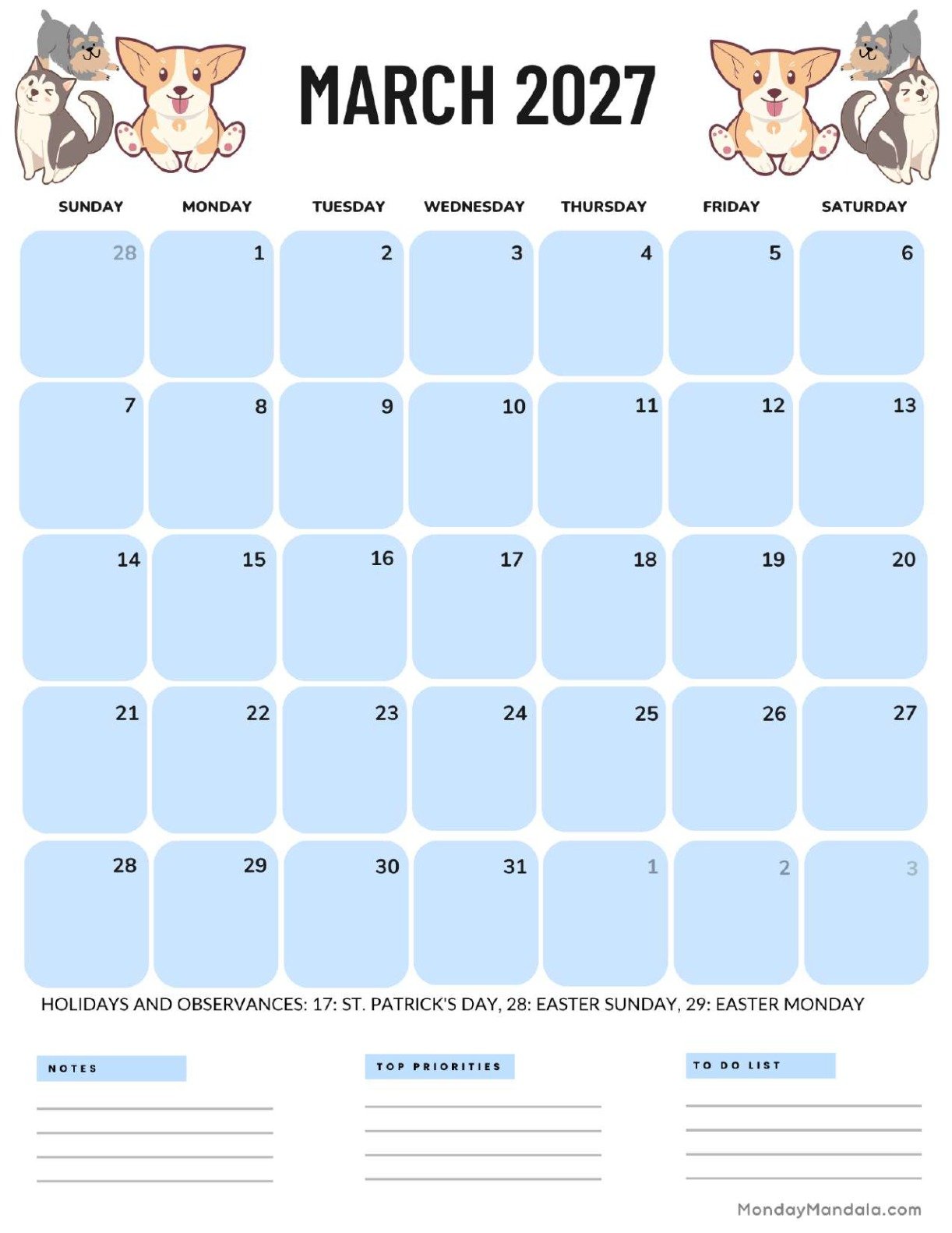 March 2027 Calendar Printable Dogs Portrait