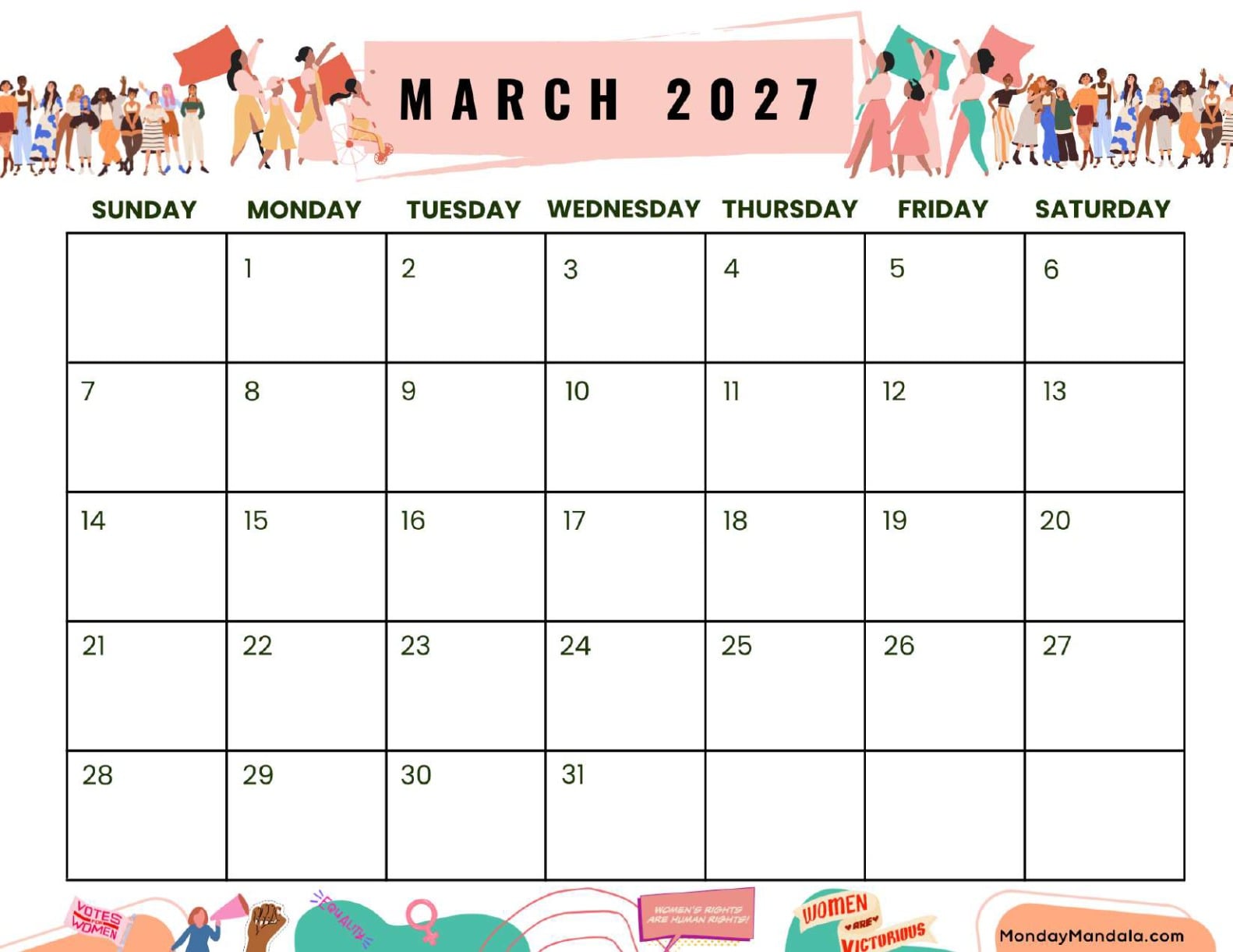 March 2027 Calendar Printable Empowerment Landscape