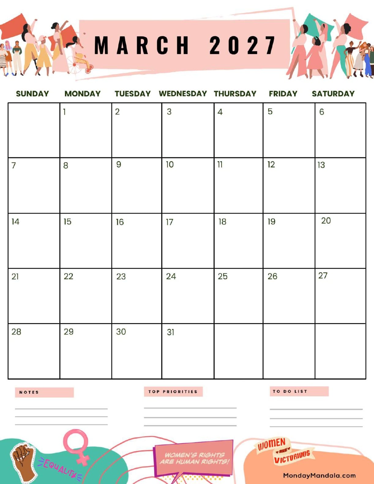 March 2027 Calendar Printable Empowerment Portrait