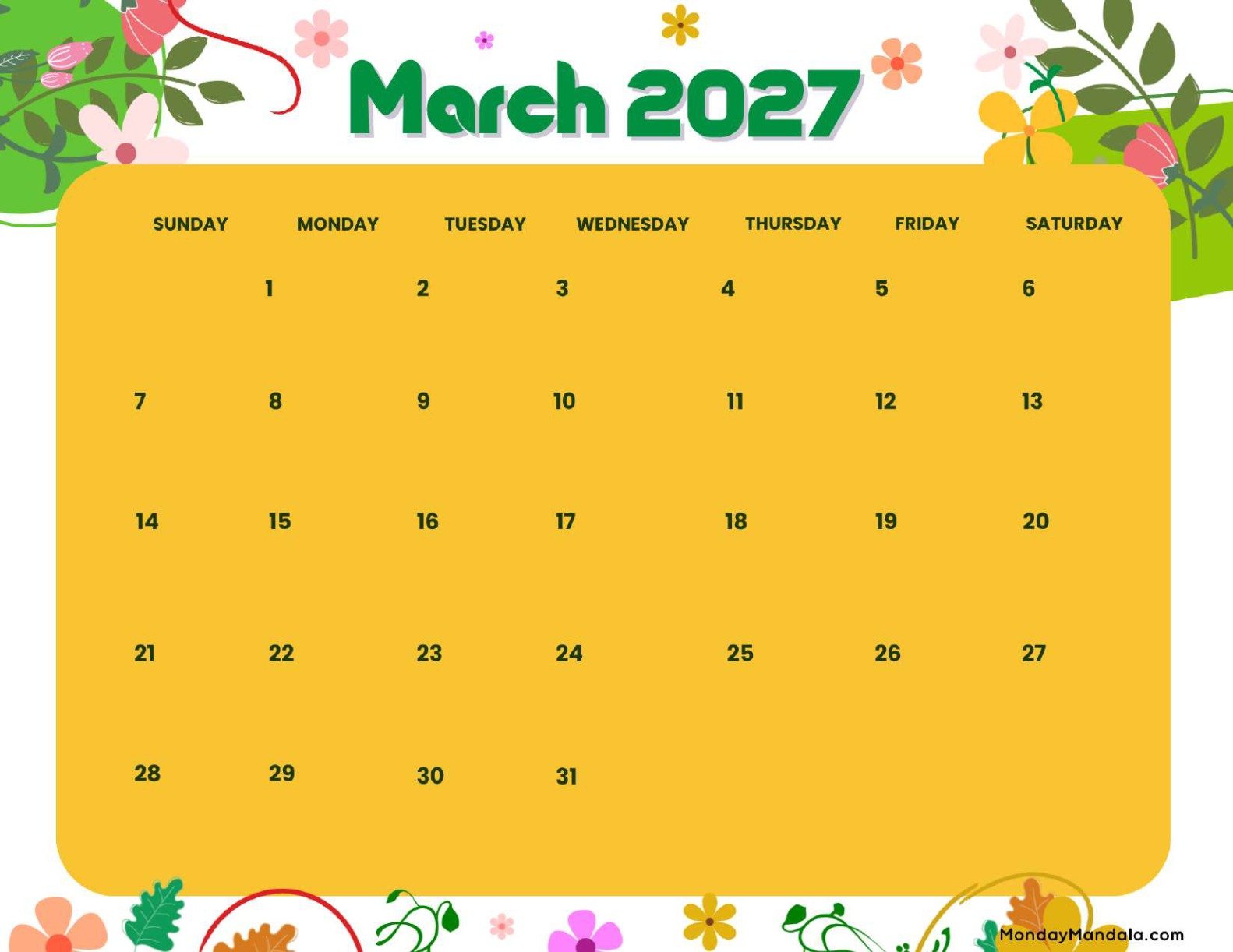 March 2027 Calendar Printable Floral Landscape