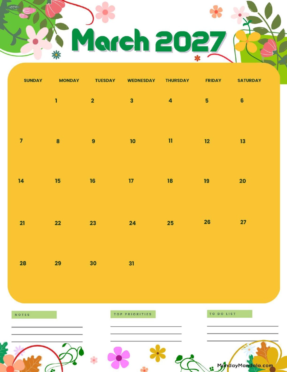 March 2027 Calendar Printable Floral Portrait